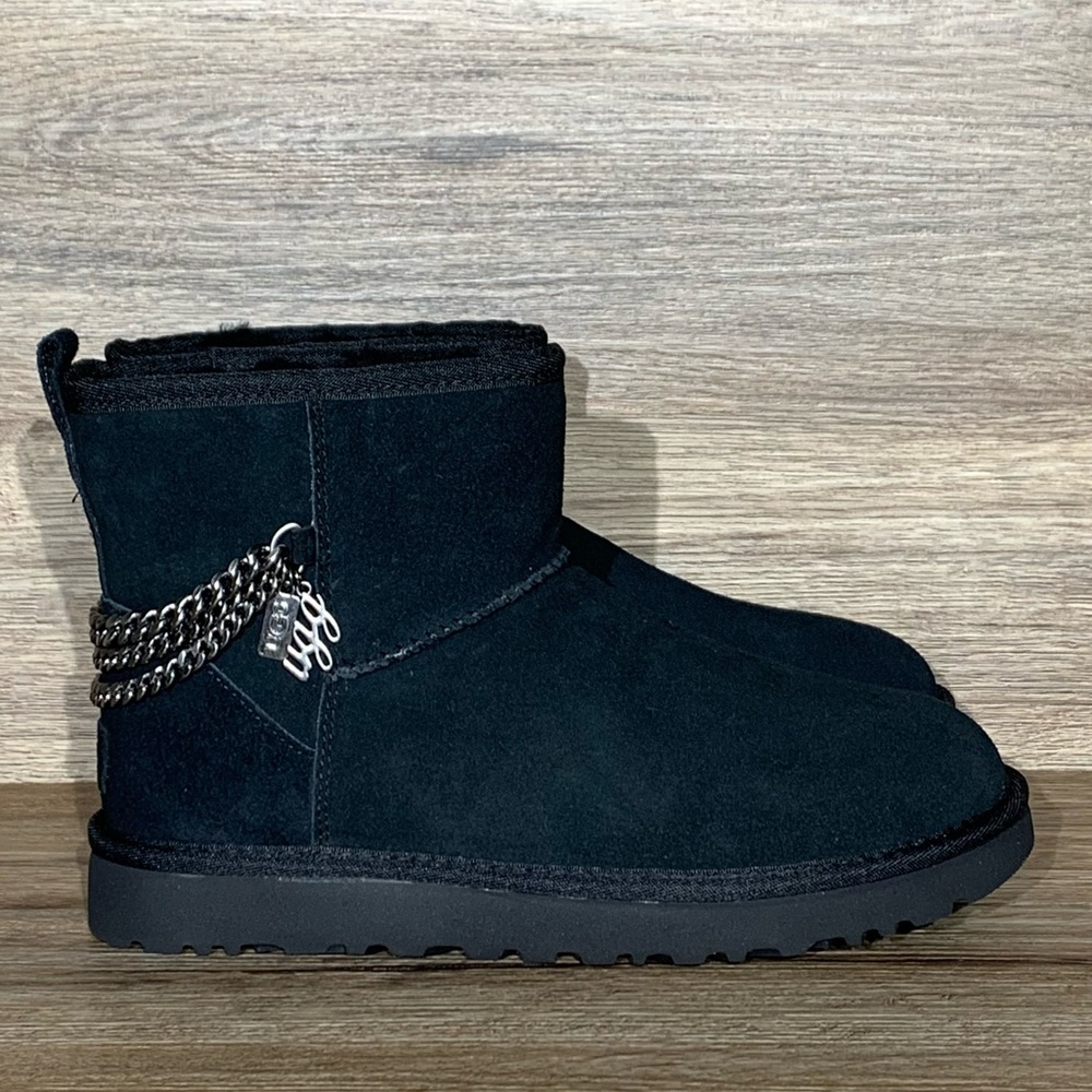 UGG Women’s Classic Mini Chain Black Suede Boots - Picture 1 of 11